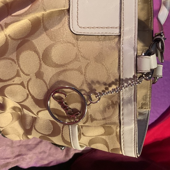 White and tan coach canvas with leather trim. - Picture 3 of 13